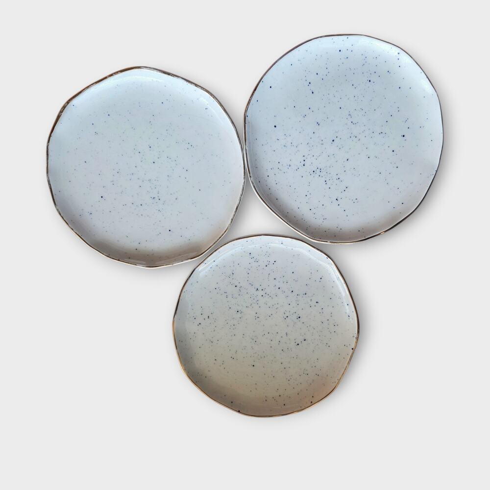 Anthropologie Suite One Studio Lindsay Emery Blue Speckled Plates Gold Edge 7x7"